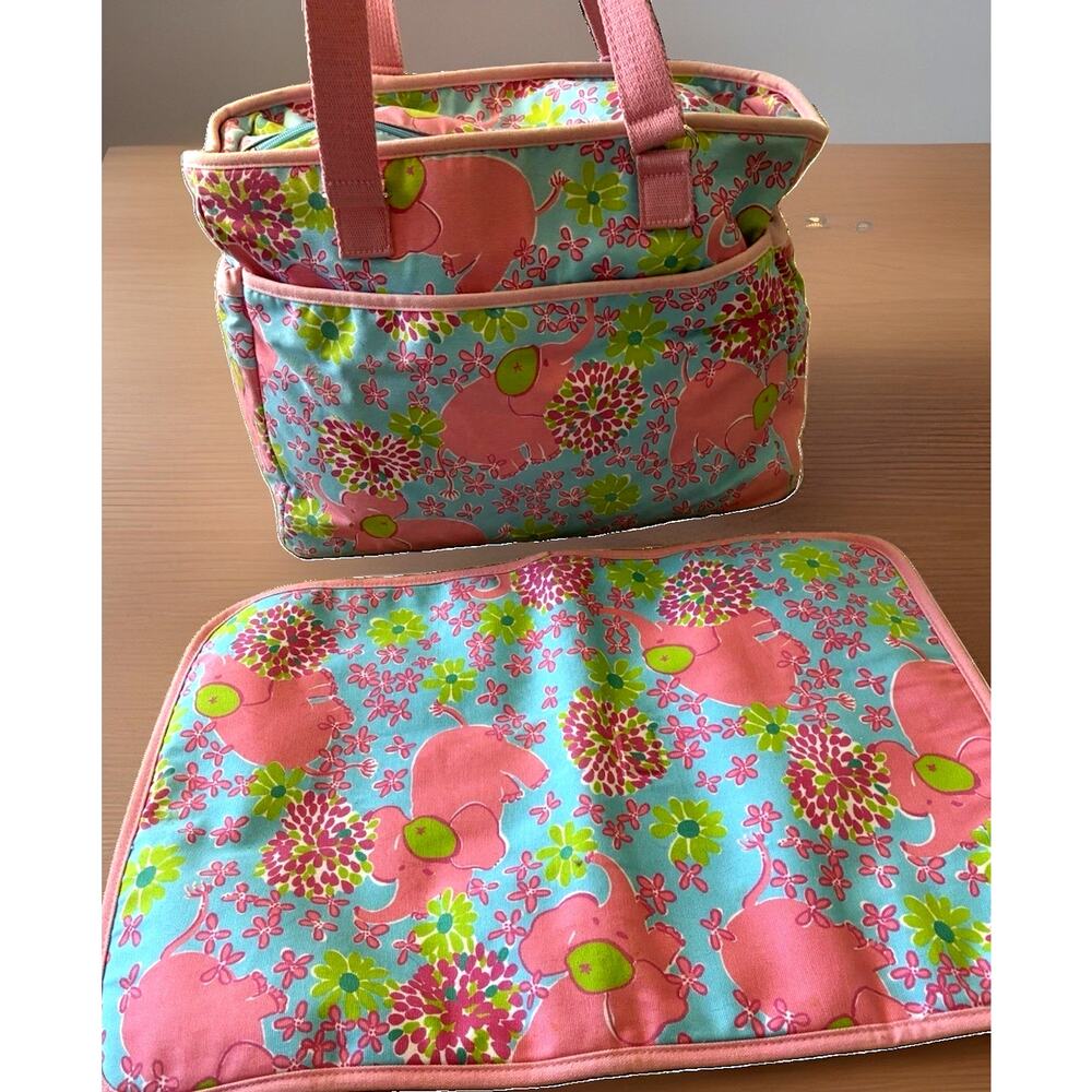 VTG Lilly Pulitzer Elefrance Elephant Pink Blue Diaper Bag Tote Changing Pad SET